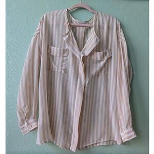 Stefanel 100% Silk Striped Blouse XL Tan Cream Oversized Button Cuff V-Neck Top